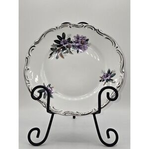Antique Dresden Porcelain Plate Hand Painted Floral Silver Rim 8 1/4"